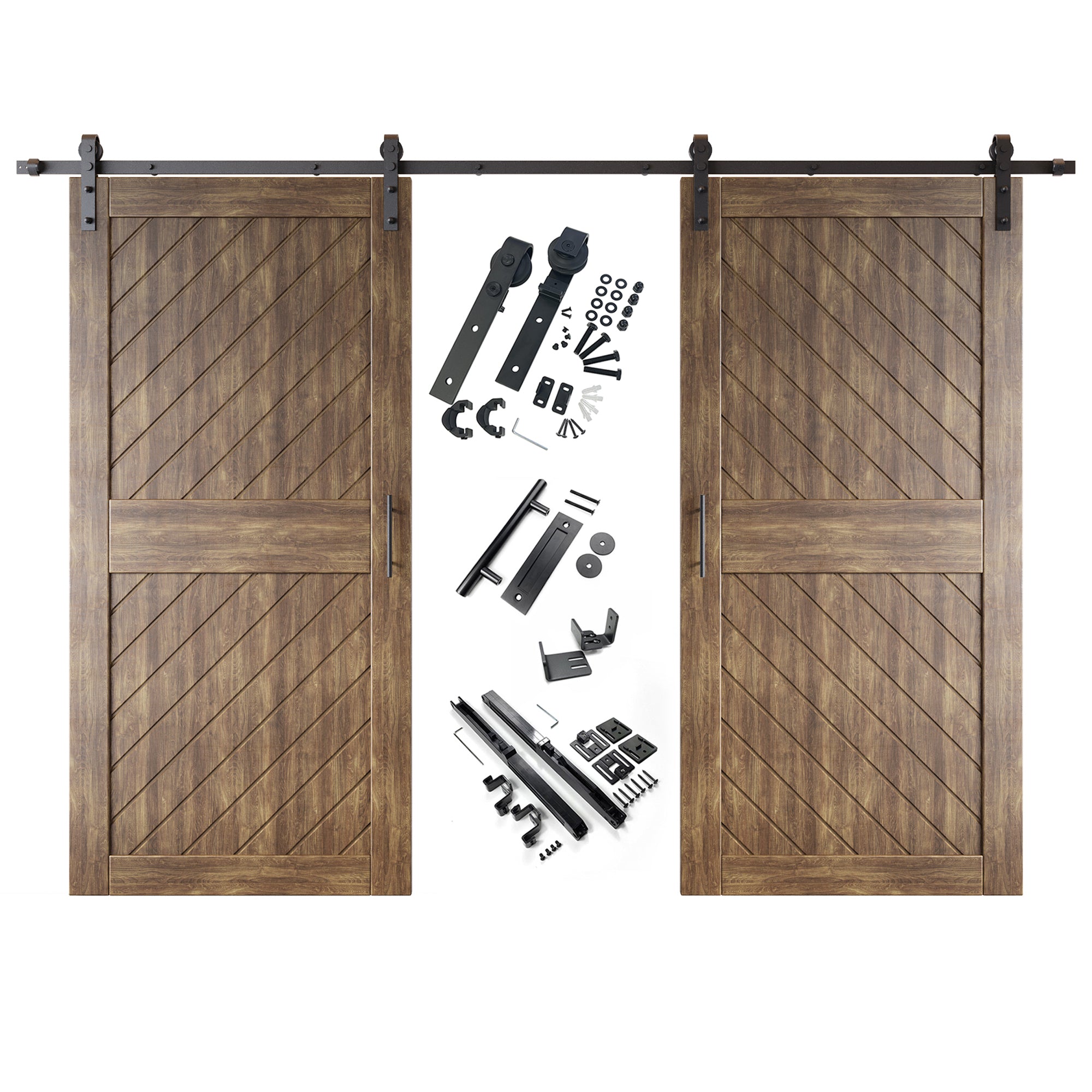 84" Height Dark Walnut Slanted Stripe Design Unassembled & Finished Double Pine Wood Barn Door with Non-Bypass Installation Hardware Kit(Interior Use Only)