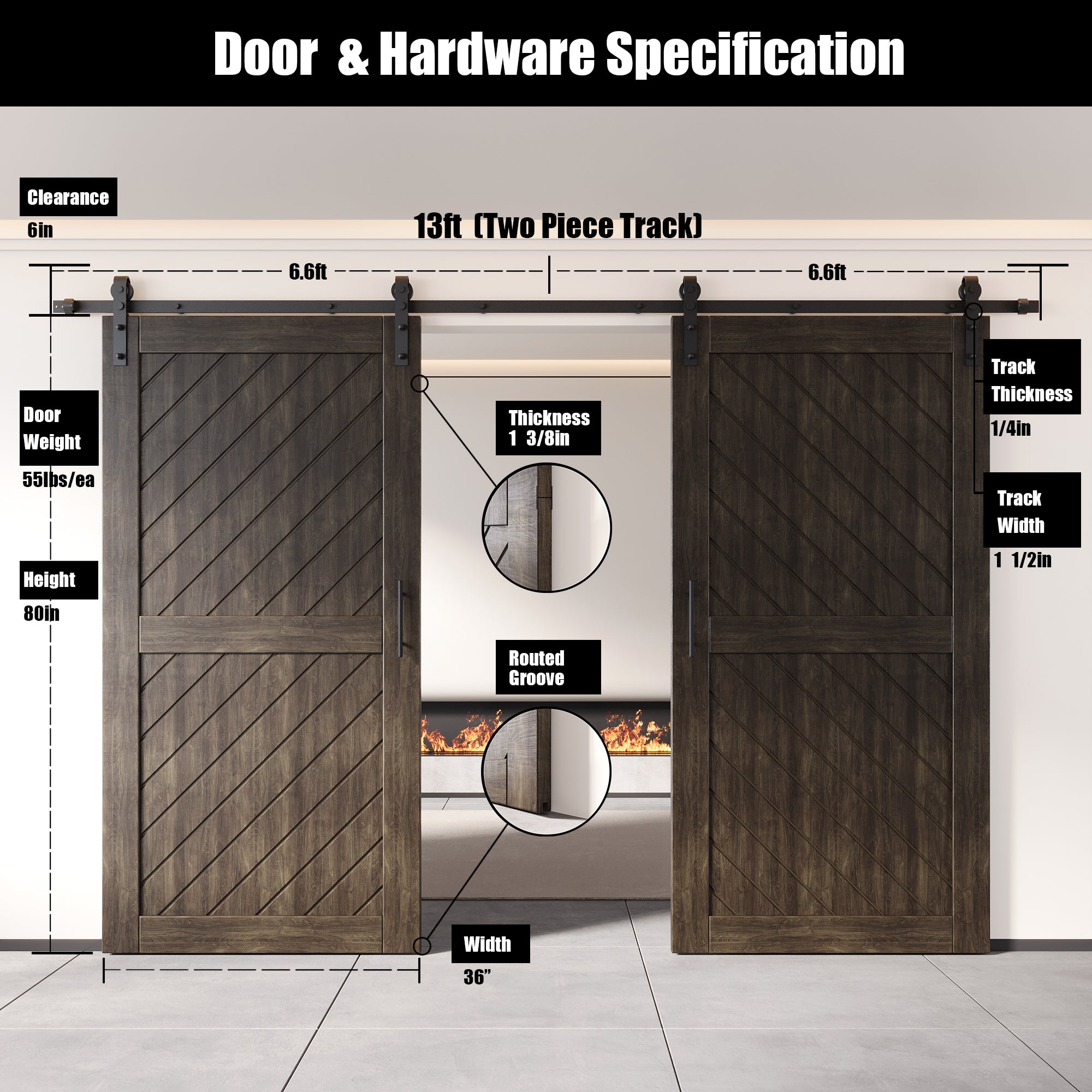 80" Height Ebony Slanted Stripe Design Unassembled & Finished Double Pine Wood Barn Door with Non-Bypass Installation Hardware Kit(Interior Use Only)