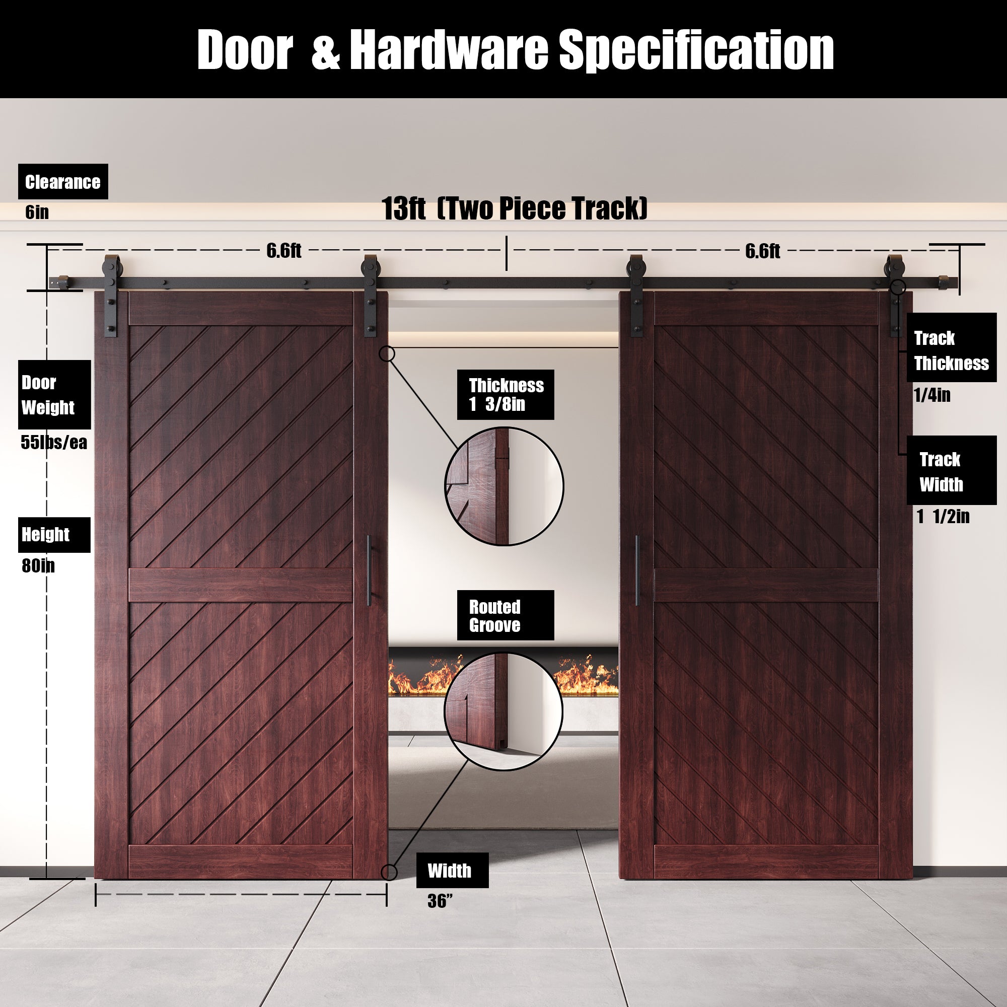 red mahogany double barn door, 80-inch, non-bypass installation