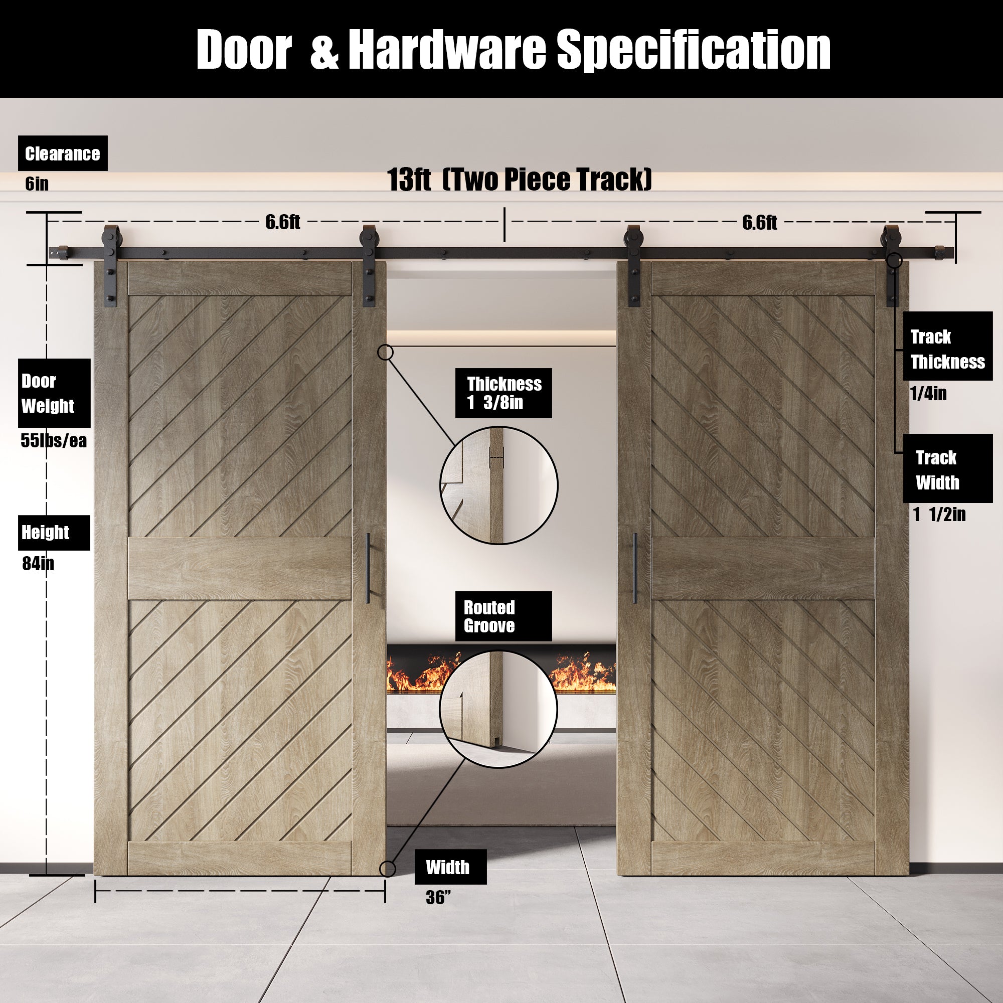 84" Height Classic Gray Slanted Stripe Design Unassembled & Finished Double Pine Wood Barn Door with Non-Bypass Installation Hardware Kit(Interior Use Only)