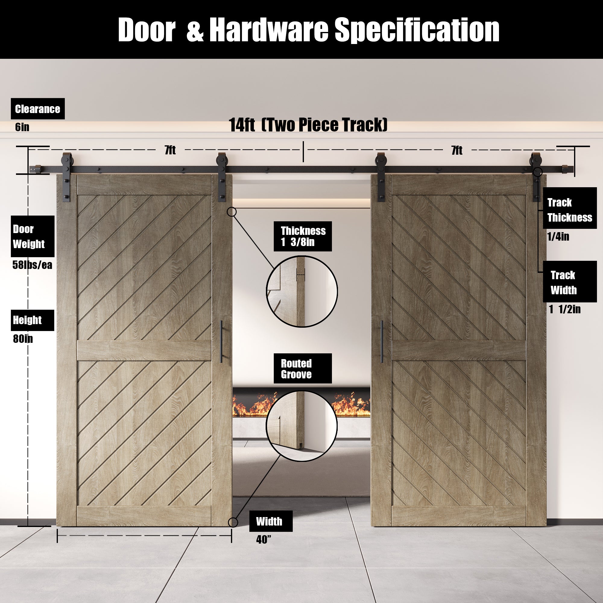 80" Height Classic Gray Slanted Stripe Design Unassembled & Finished Double Pine Wood Barn Door with Non-Bypass Installation Hardware Kit(Interior Use Only)