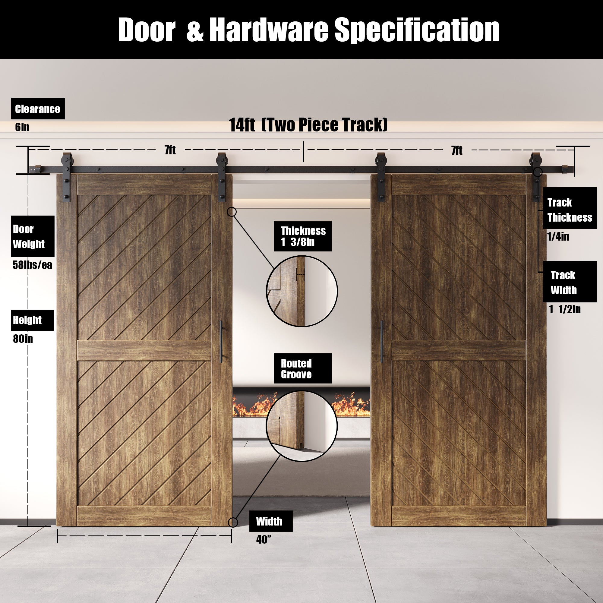 80" Height Dark Walnut Slanted Stripe Design Unassembled & Finished Double Pine Wood Barn Door with Non-Bypass Installation Hardware Kit(Interior Use Only)