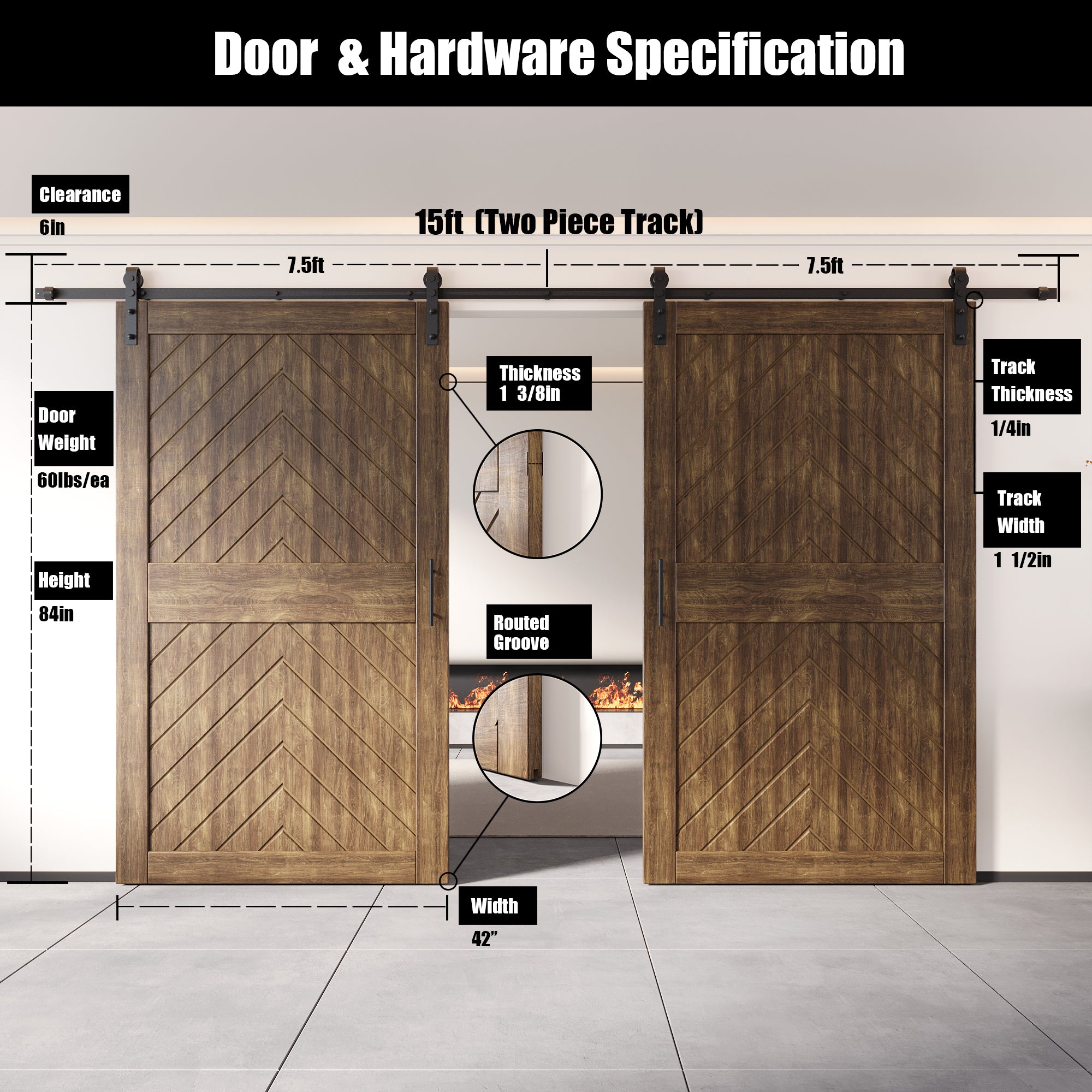 sliding barn door hardware kit with two doors pine wood barn door dark walnut fishbone design