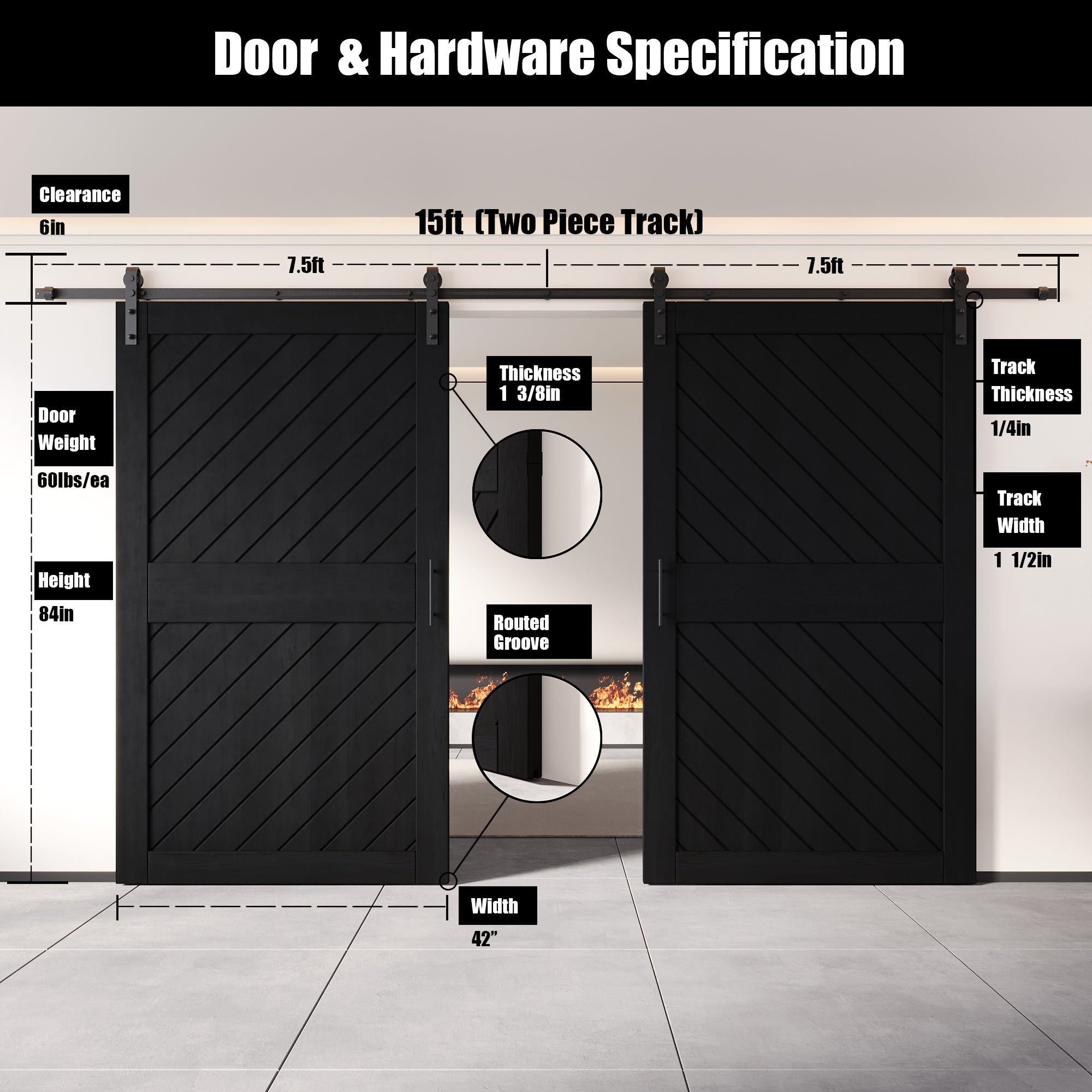 84" Height Black Slanted Stripe Design Unassembled & Finished Double Pine Wood Barn Door with Non-Bypass Installation Hardware Kit(Interior Use Only)