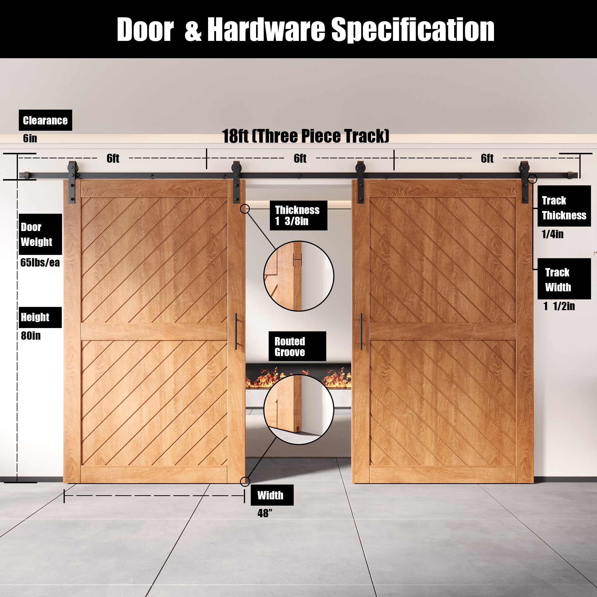 80" Height Early American Slanted Stripe Design Unassembled & Finished Double Pine Wood Barn Door with Non-Bypass Installation Hardware Kit(Interior Use Only)