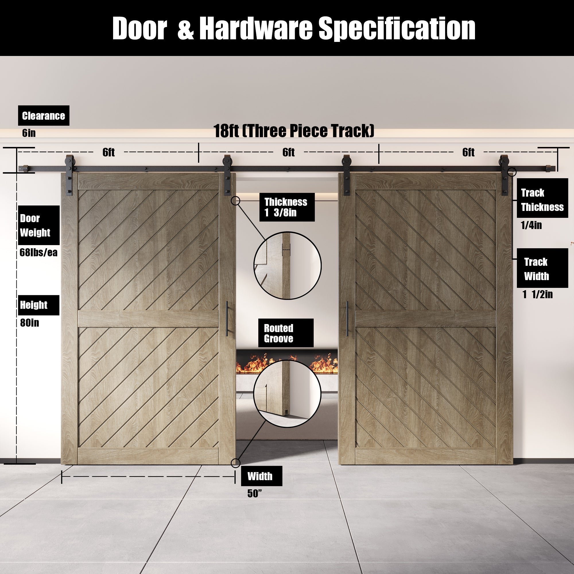 80" Height Classic Gray Slanted Stripe Design Unassembled & Finished Double Pine Wood Barn Door with Non-Bypass Installation Hardware Kit(Interior Use Only)