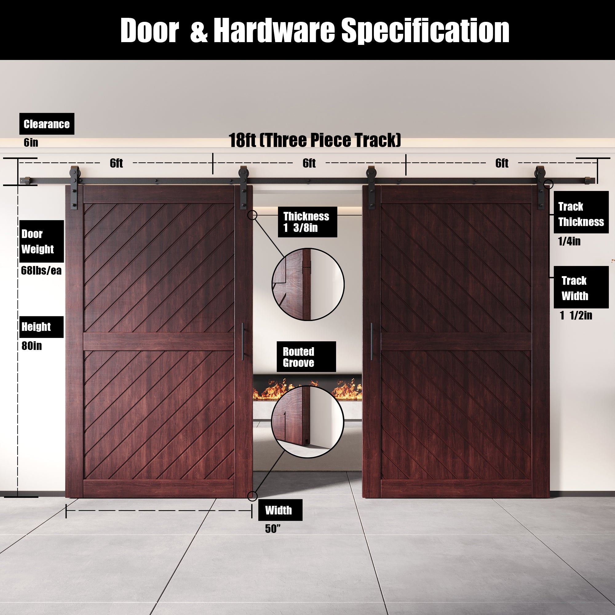 red mahogany double barn door, 80-inch, non-bypass installation