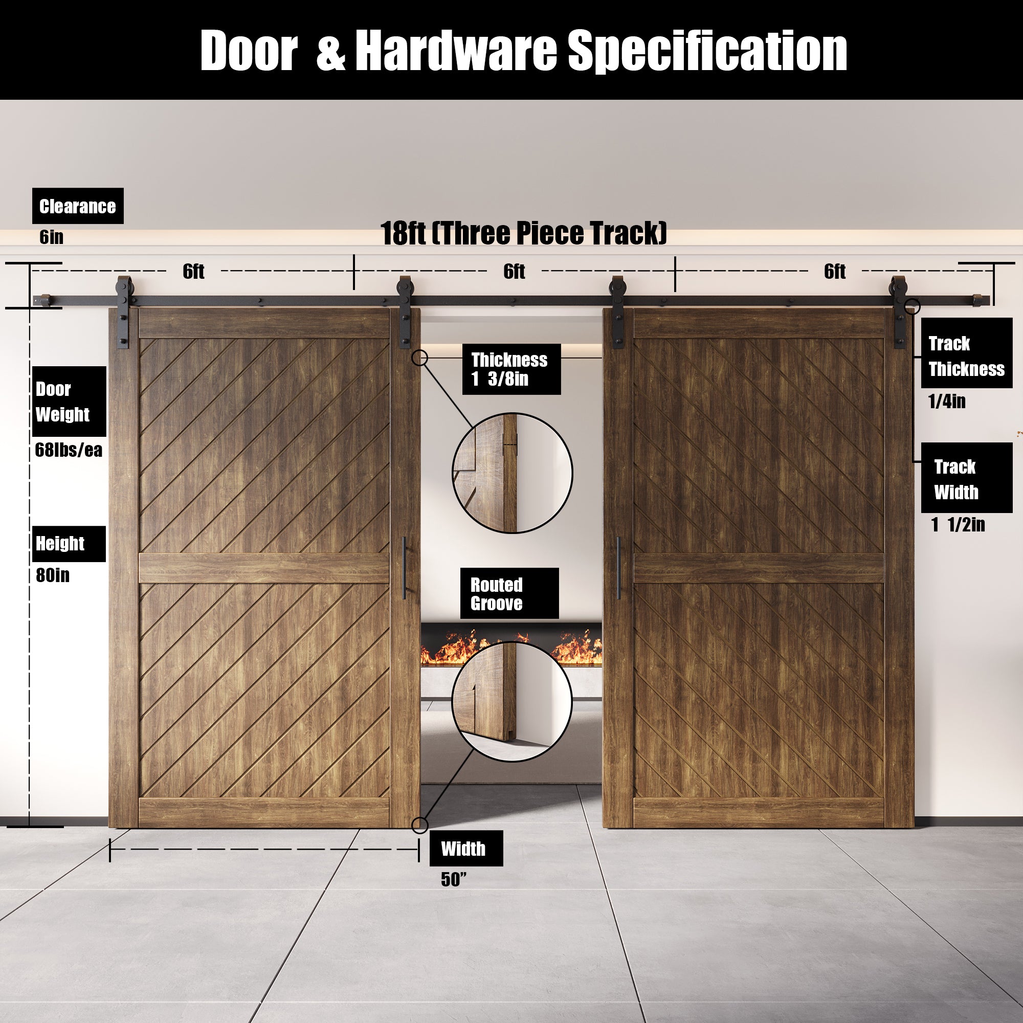 80" Height Dark Walnut Slanted Stripe Design Unassembled & Finished Double Pine Wood Barn Door with Non-Bypass Installation Hardware Kit(Interior Use Only)