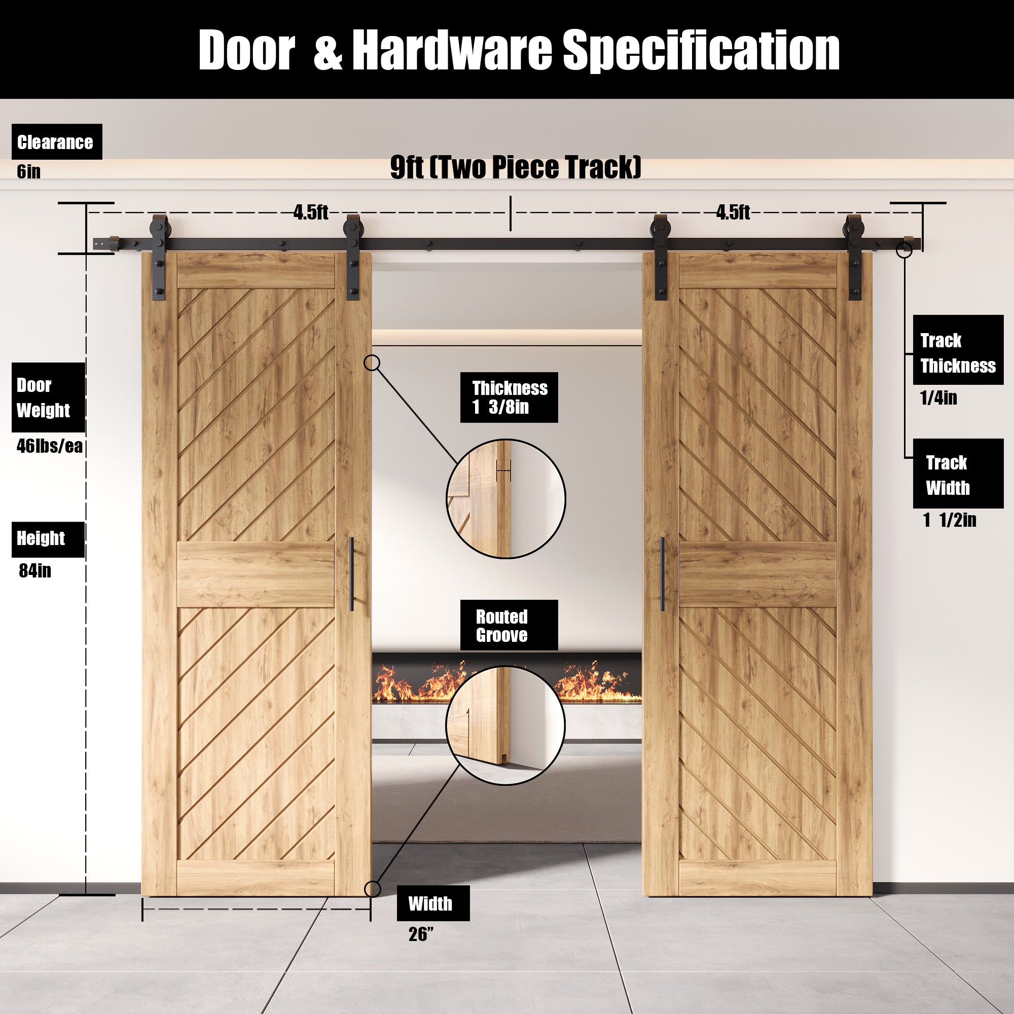 84" Height Slanted Stripe Design Unassembled & Unfinished Double Pine Wood Barn Door with Non-Bypass Installation Hardware Kit(Interior Use Only)