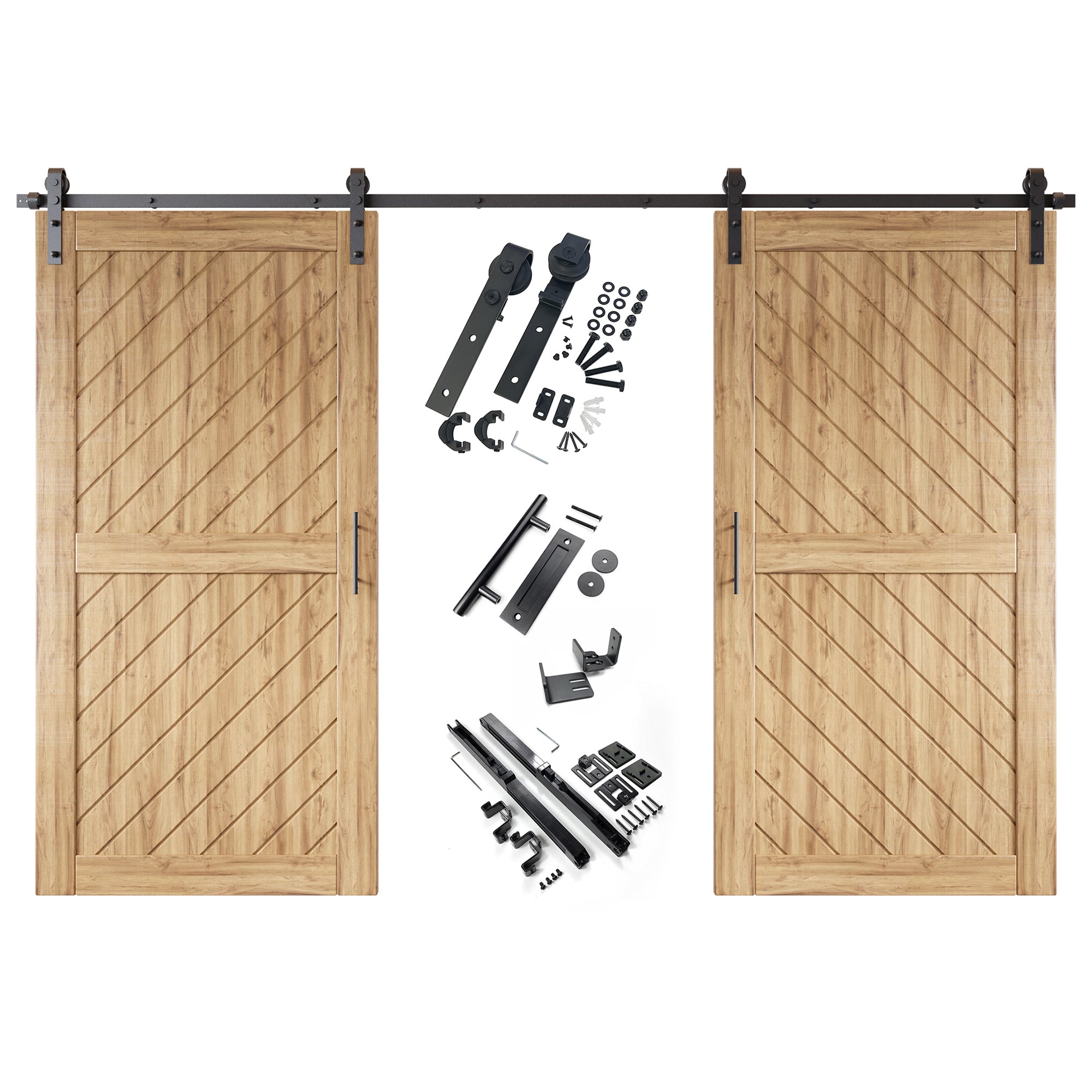 80" Height Slanted Stripe Design Unassembled & Unfinished Double Pine Wood Barn Door with Non-Bypass Installation Hardware Kit(Interior Use Only)