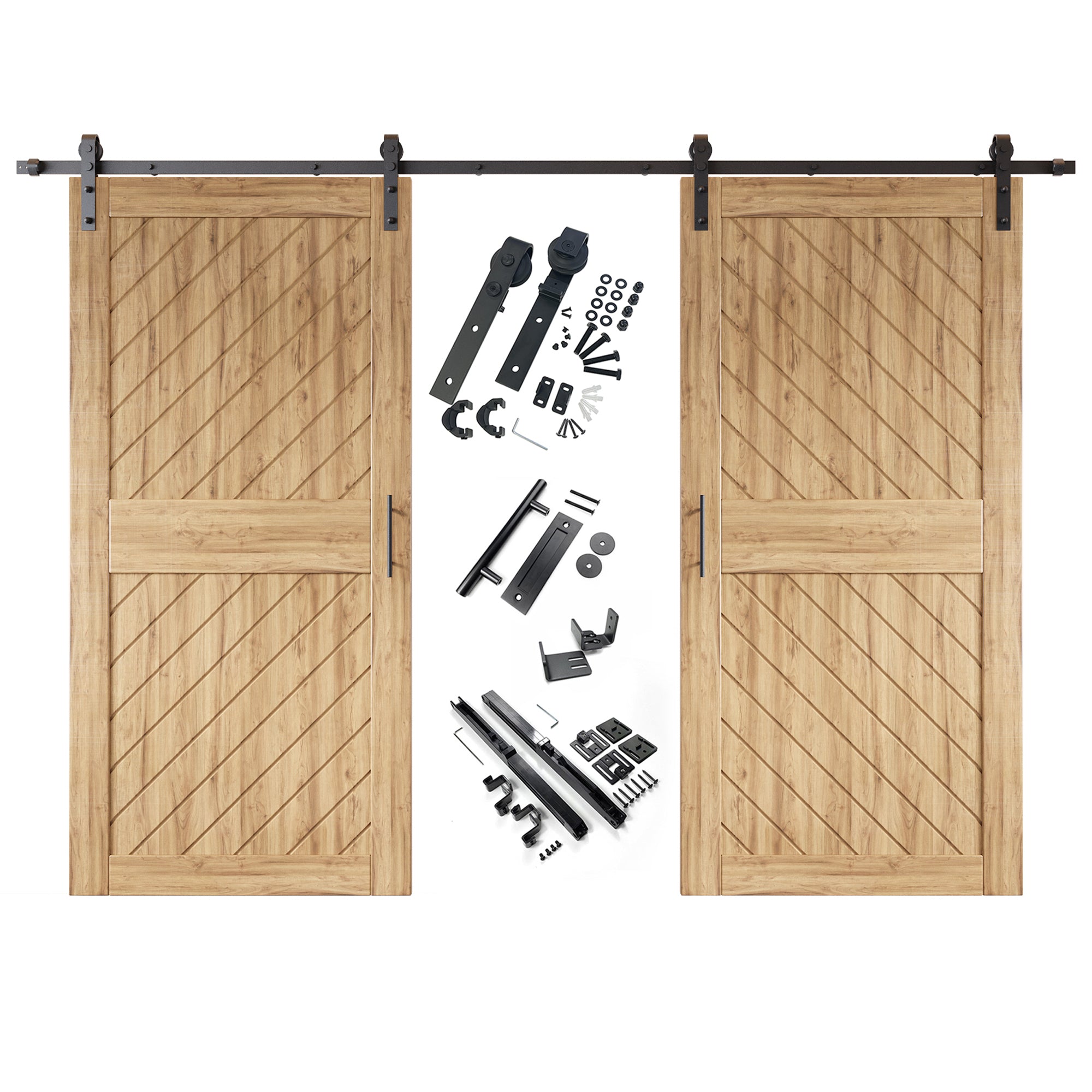 84" Height Slanted Stripe Design Unassembled & Unfinished Double Pine Wood Barn Door with Non-Bypass Installation Hardware Kit(Interior Use Only)