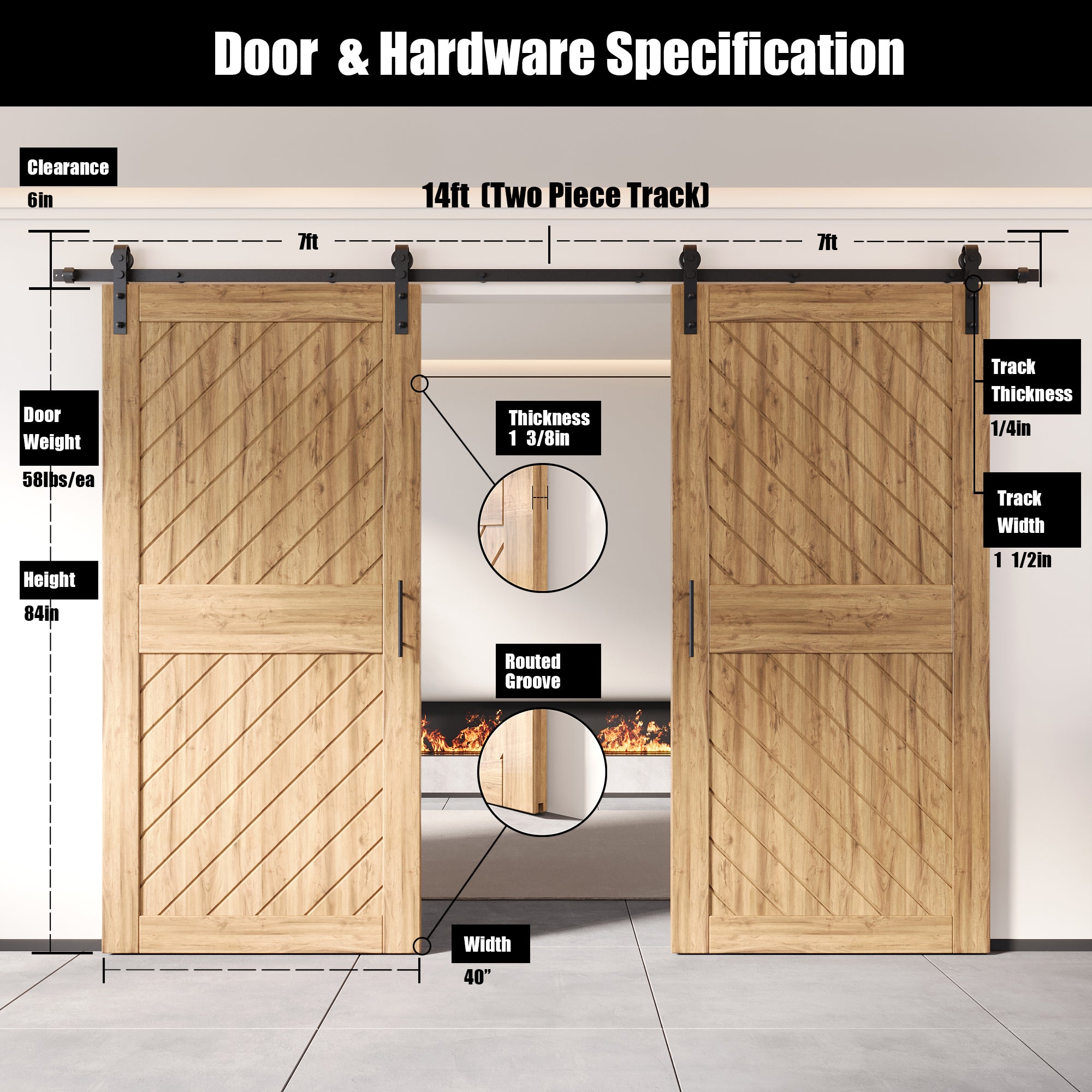 84" Height Slanted Stripe Design Unassembled & Unfinished Double Pine Wood Barn Door with Non-Bypass Installation Hardware Kit(Interior Use Only)