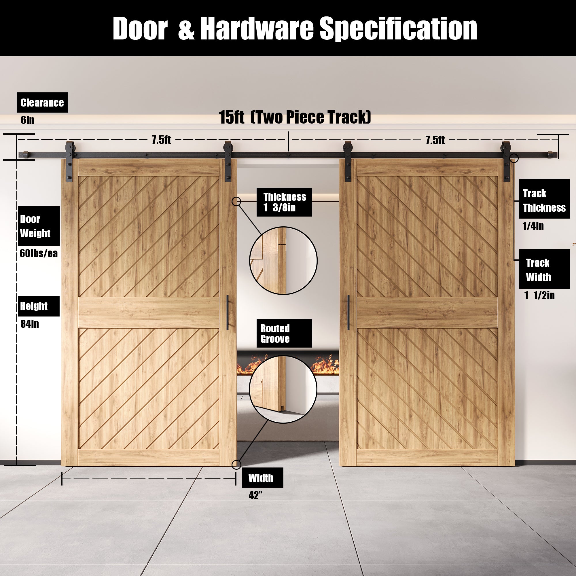 84" Height Slanted Stripe Design Unassembled & Unfinished Double Pine Wood Barn Door with Non-Bypass Installation Hardware Kit(Interior Use Only)