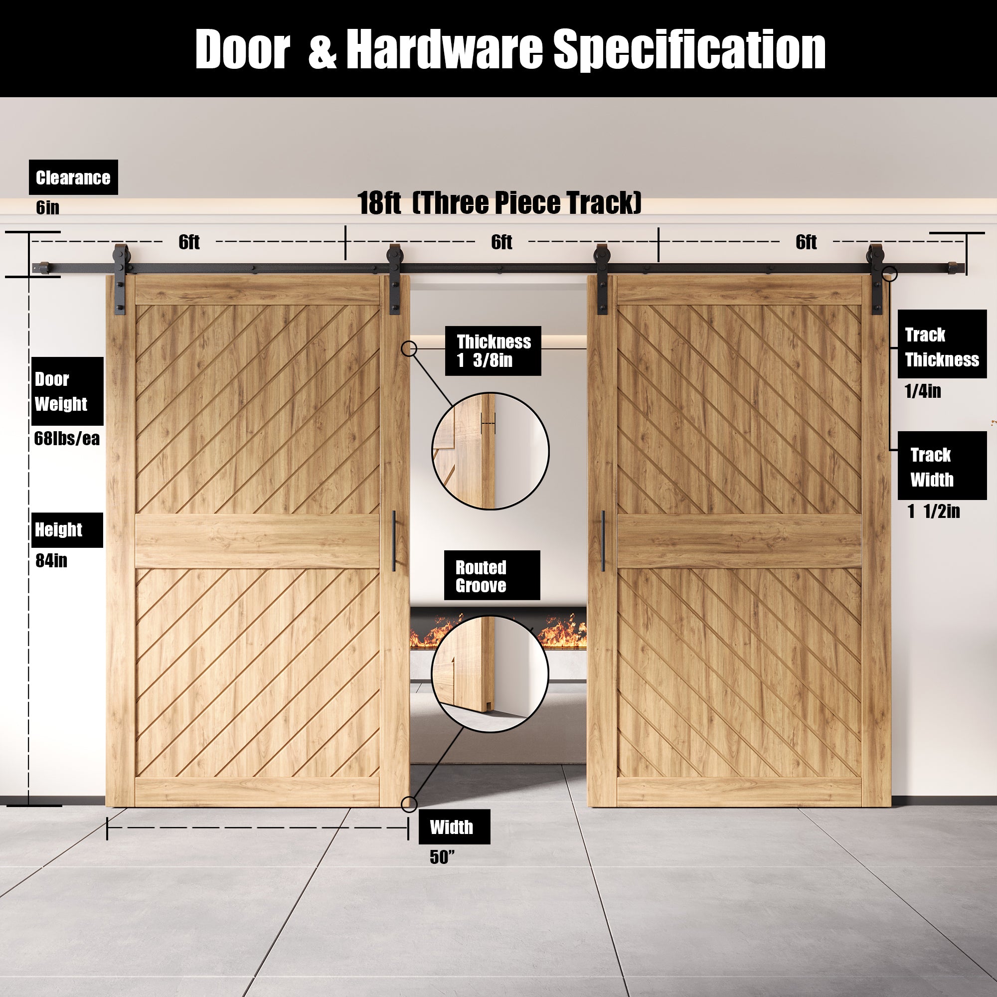 84" Height Slanted Stripe Design Unassembled & Unfinished Double Pine Wood Barn Door with Non-Bypass Installation Hardware Kit(Interior Use Only)