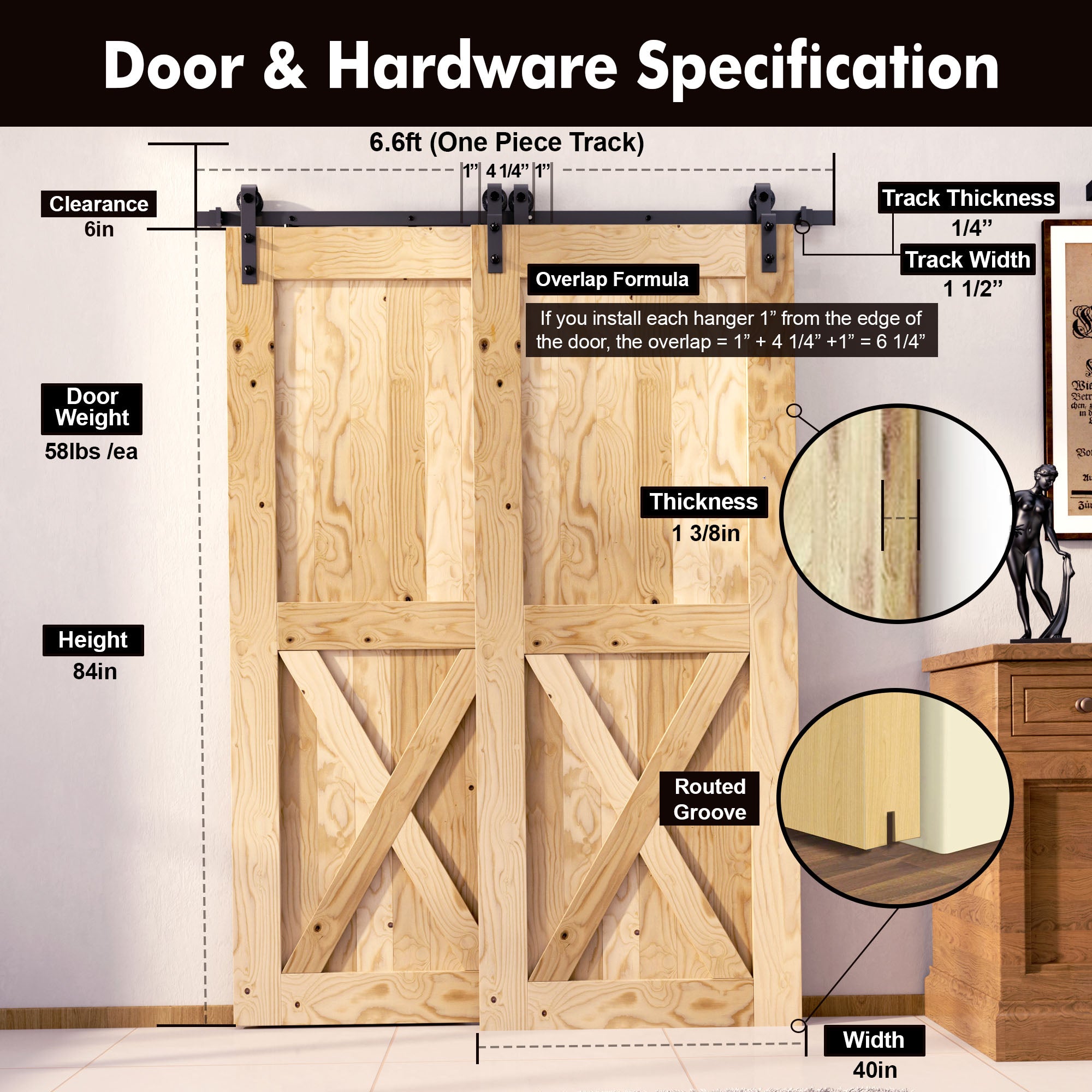 5-in-1 84In Double Barn Door with Single Track Bypass Installation Hardware Kit