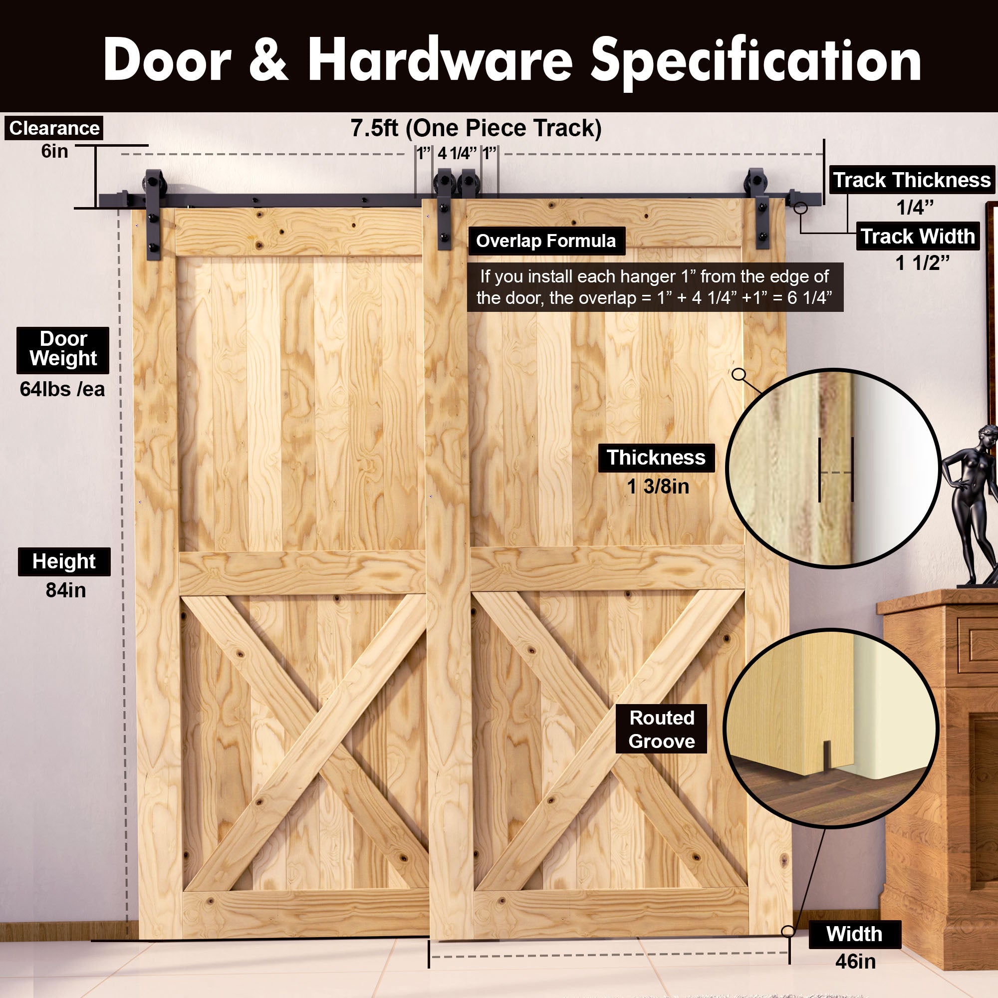 5-in-1 84In Double Barn Door with Single Track Bypass Installation Hardware Kit