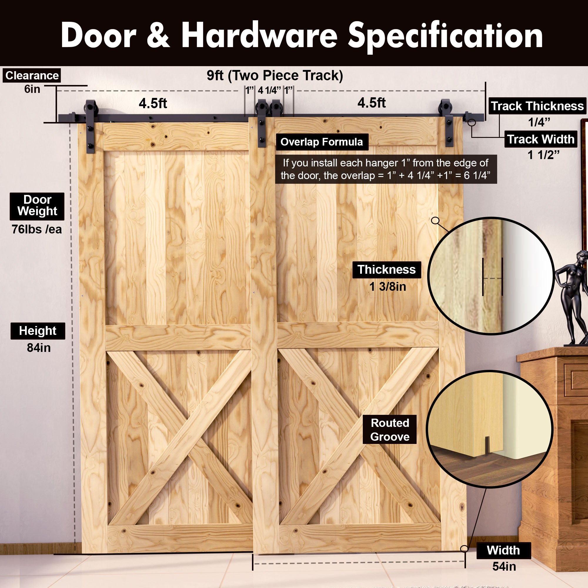 5-in-1 84In Double Barn Door with Single Track Bypass Installation Hardware Kit