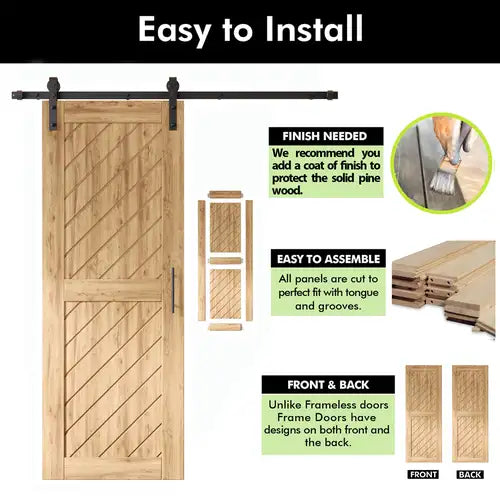 80" Height Slanted Stripe Design Unassembled & Unfinished Pine Wood Barn Door with Non-Bypass Installation Hardware Kit(Interior Use Only)