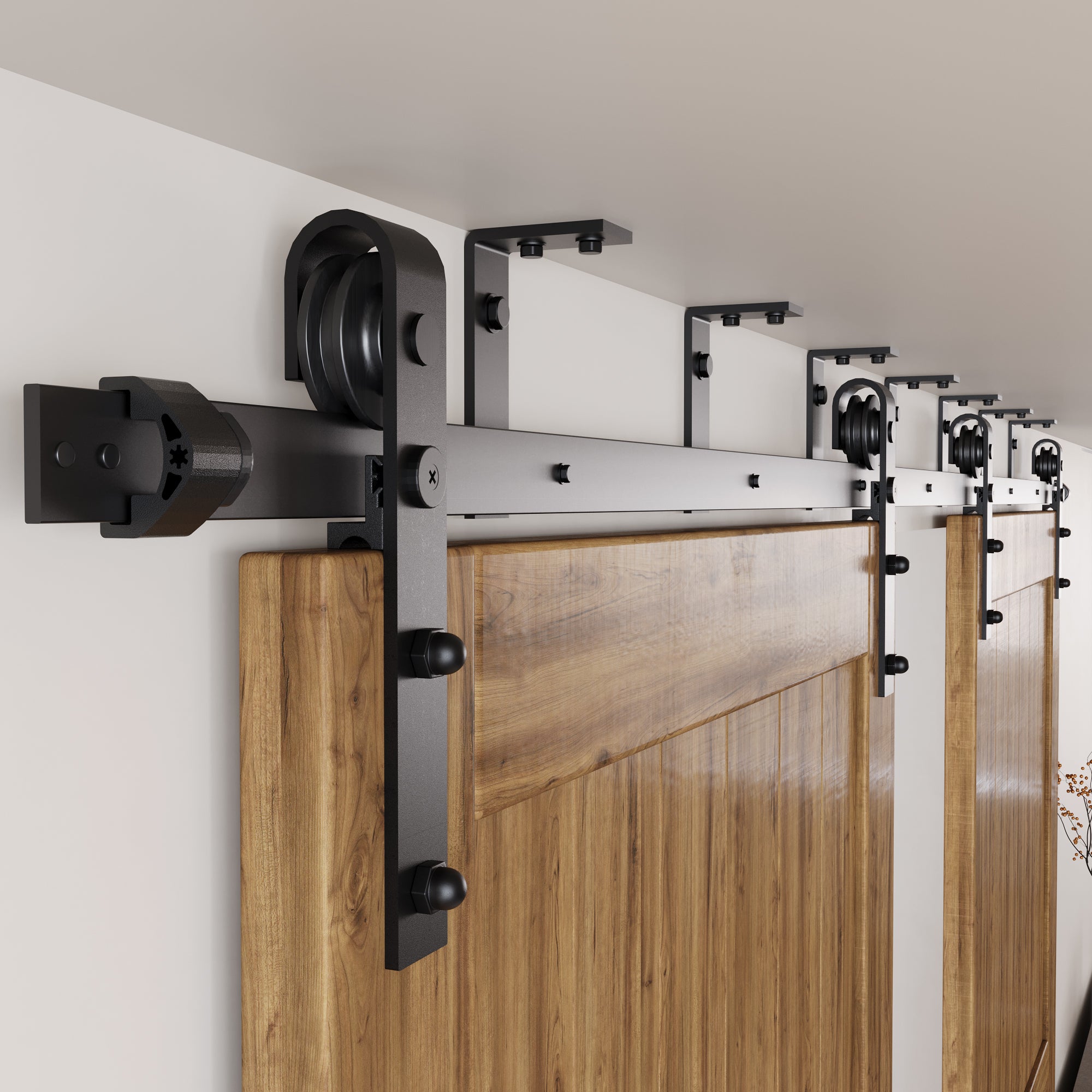 Homacer Black Rustic Ceiling Mount Non-Bypass Sliding Barn Door Hardware Kit, For Two/Double Doors