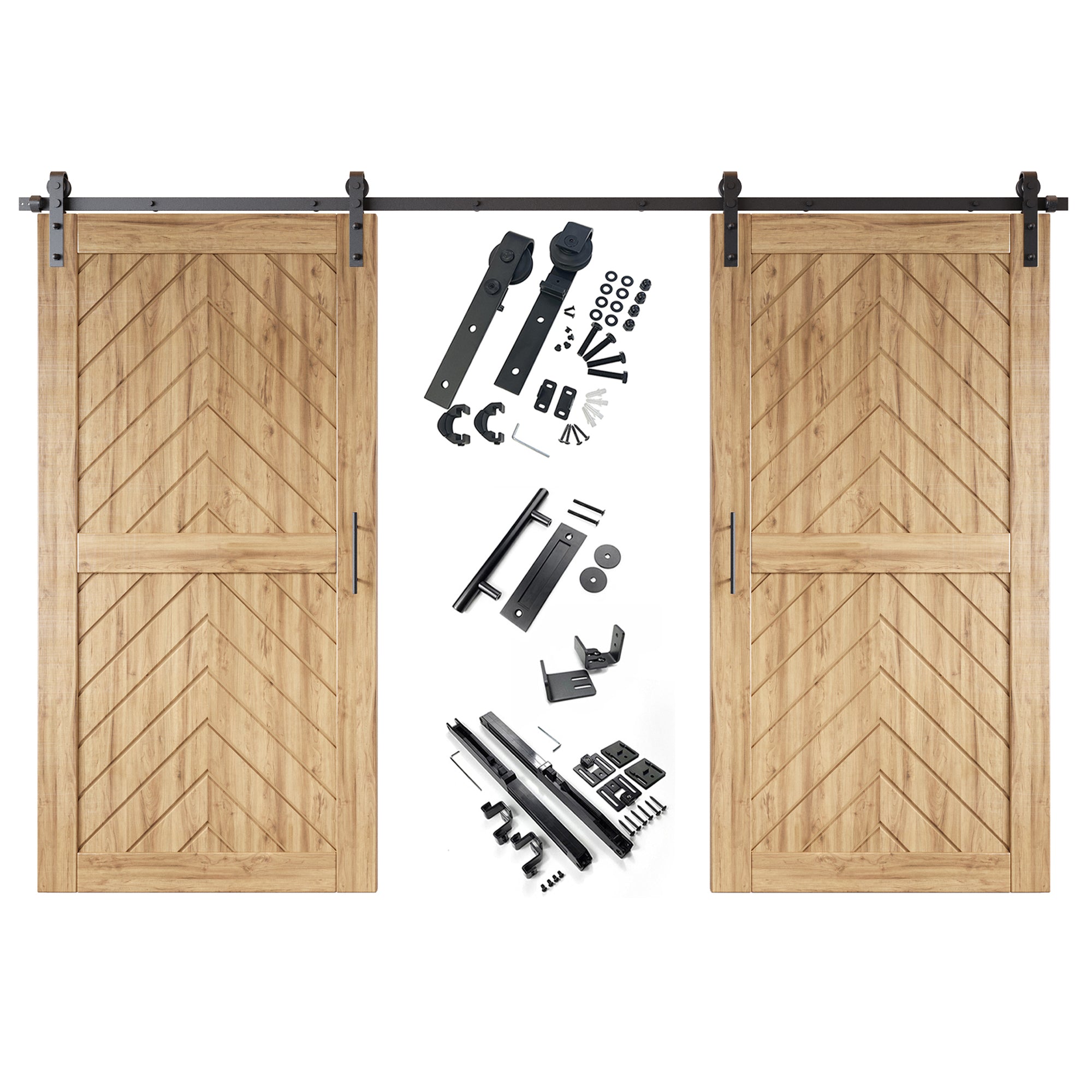 80" Height Fishbone Design Unassembled & Unfinished Double Pine Wood Barn Door with Non-Bypass Installation Hardware Kit(Interior Use Only)