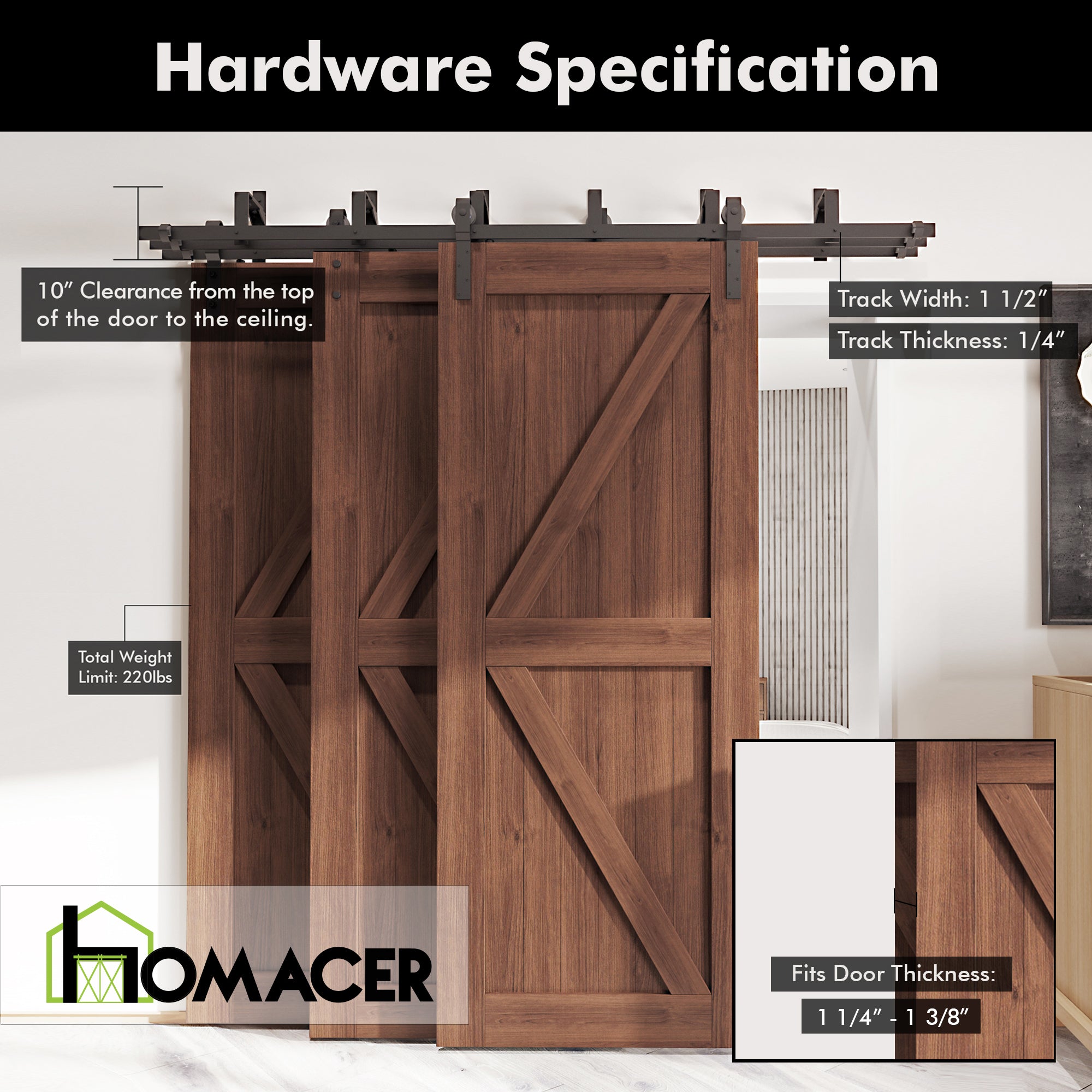 homacer interior sliding barn doors hardware specification