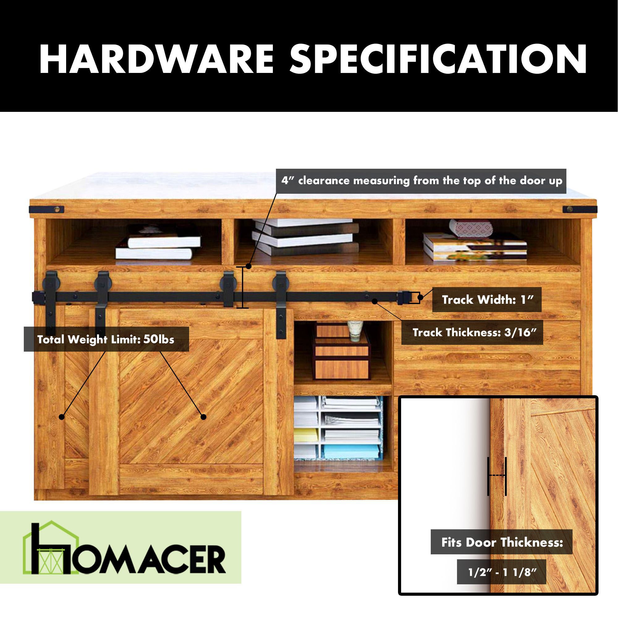 Homacer barn door hardware kit for cabinets specification