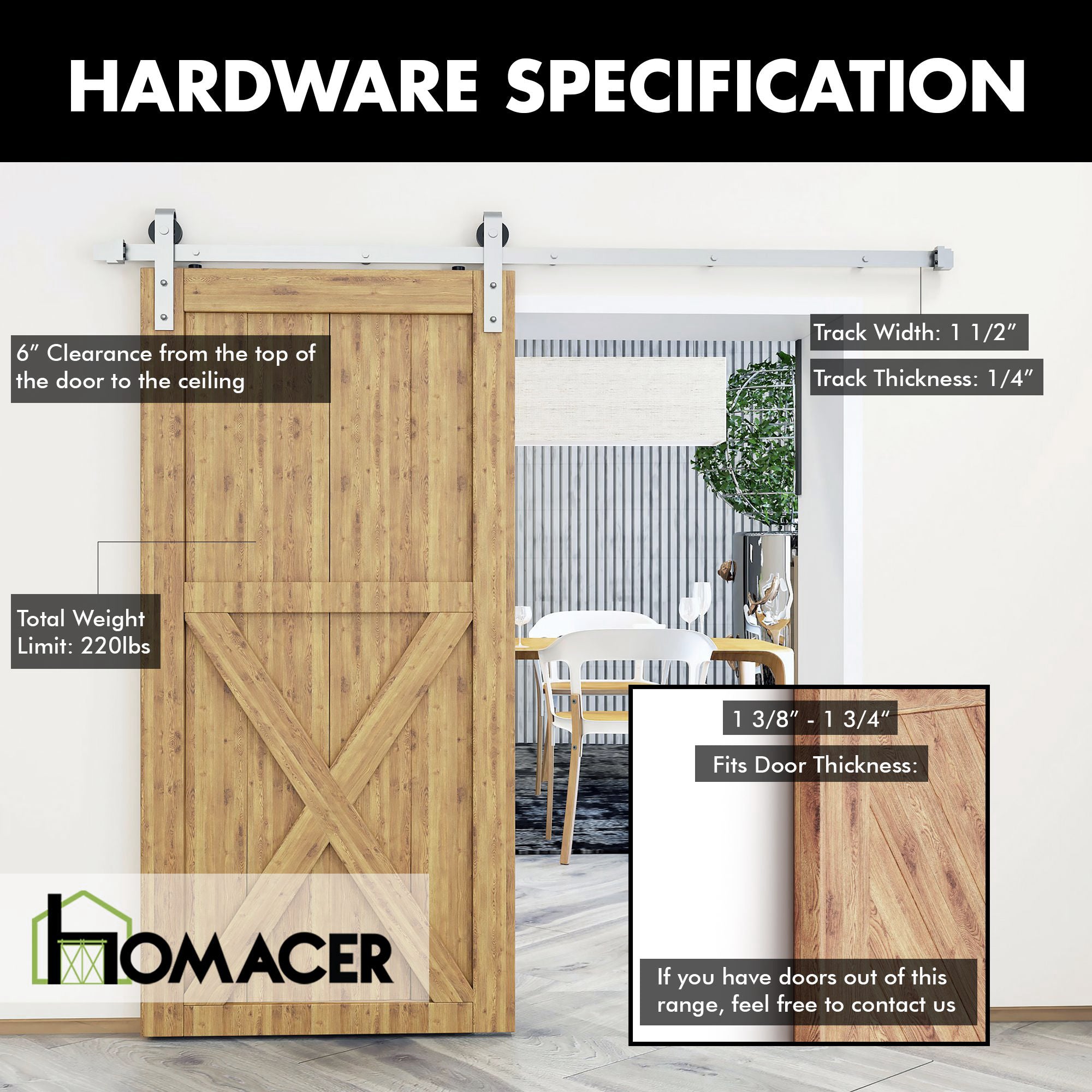 Homacer interior bushed nickel Sliding barn door hardware non bypass