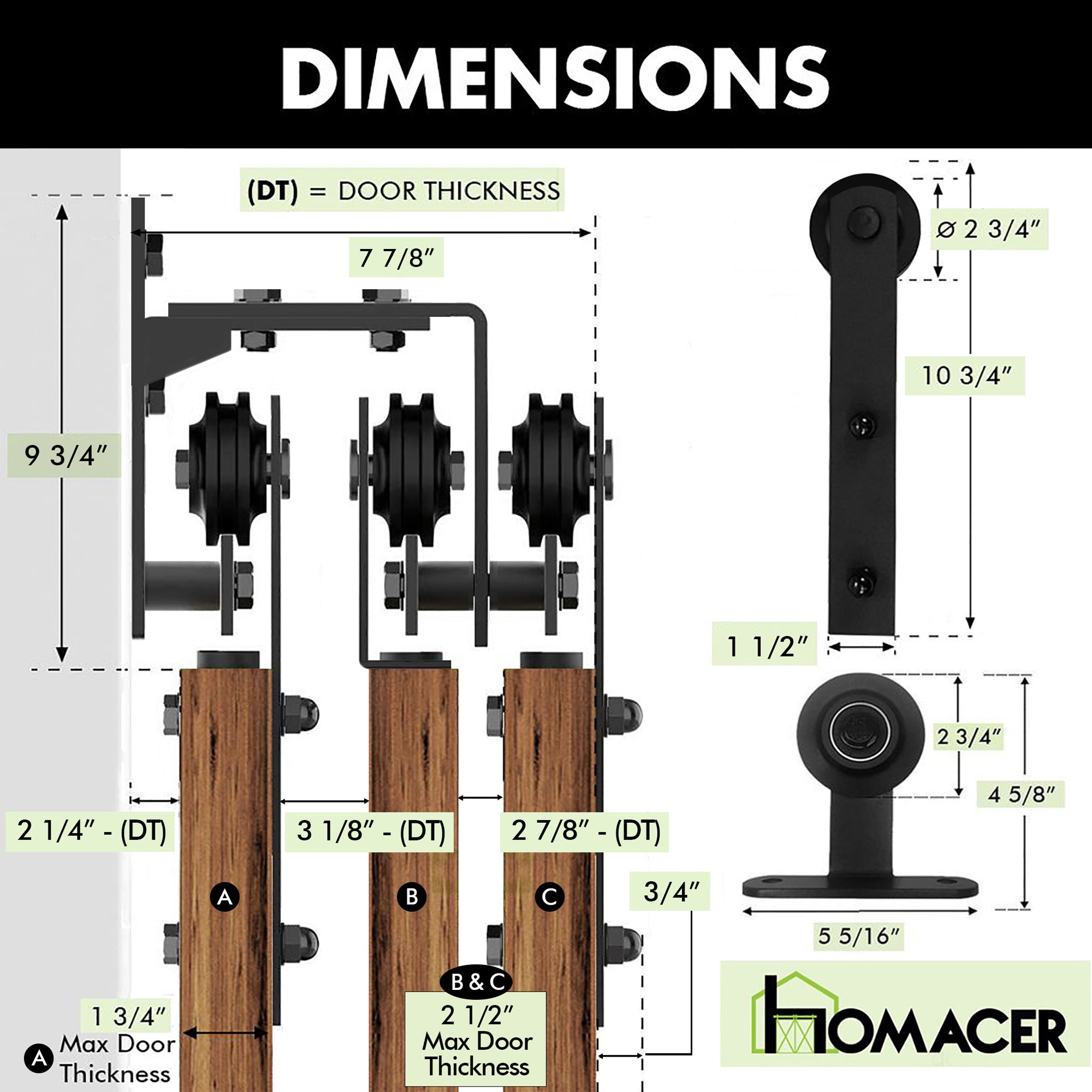 homacer triple bypass door hardware kit dimensions guide