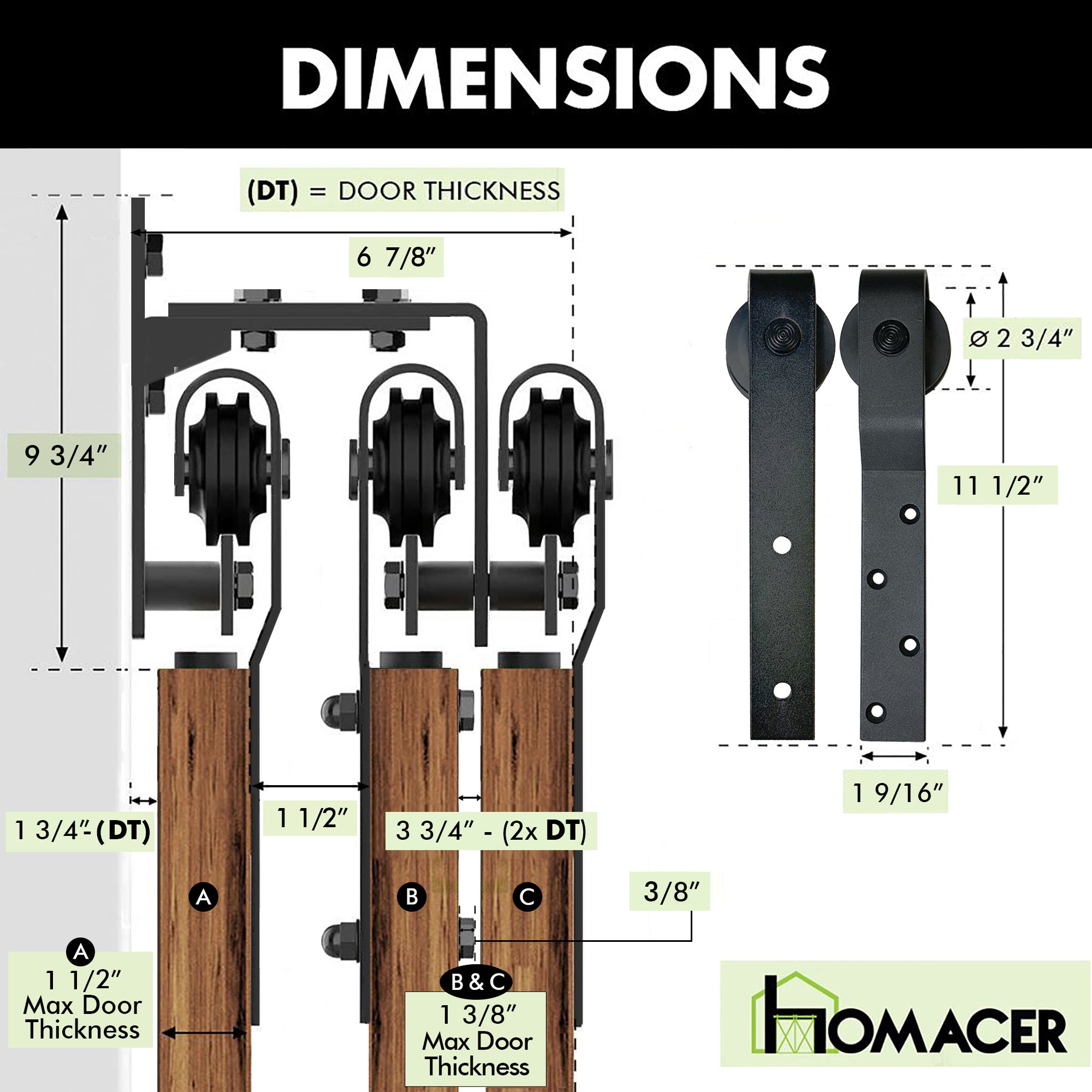 homacer triple bypass sliding barn door hardware dimensions