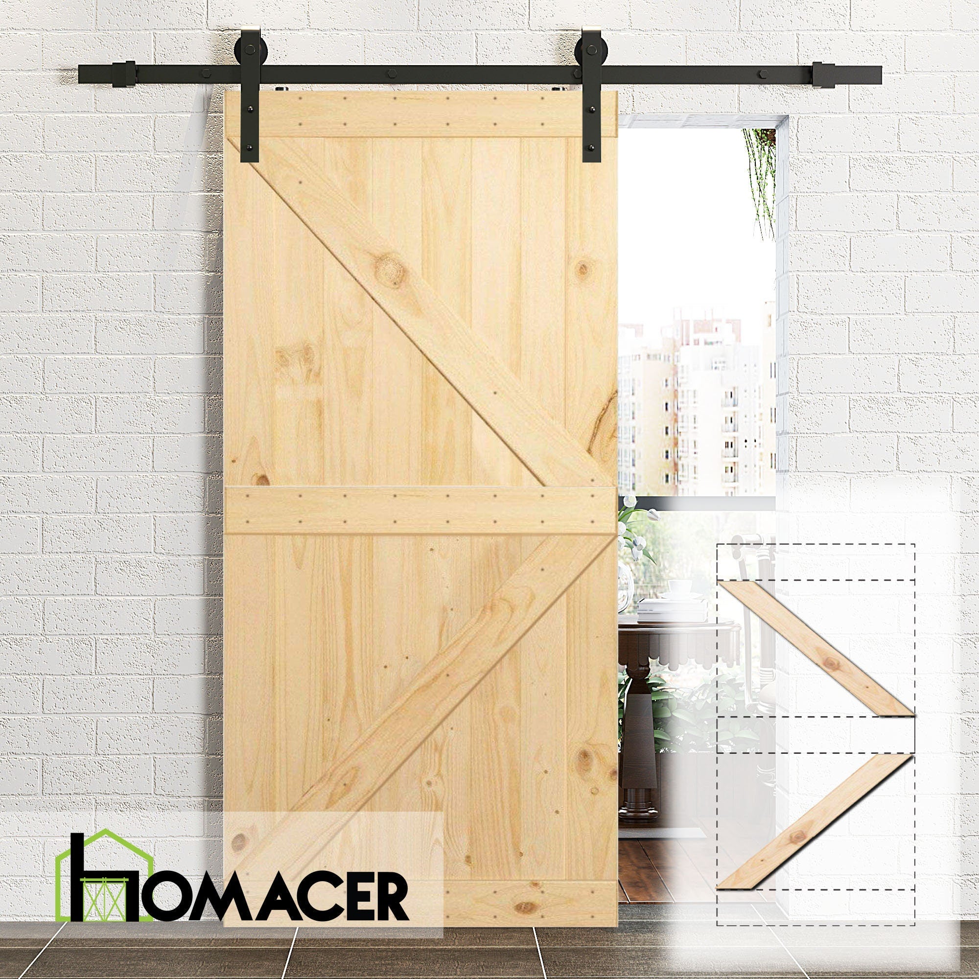 Homacer 5-in-1 Pine Wood Frameless Barn Door without Installation Hardware Kit