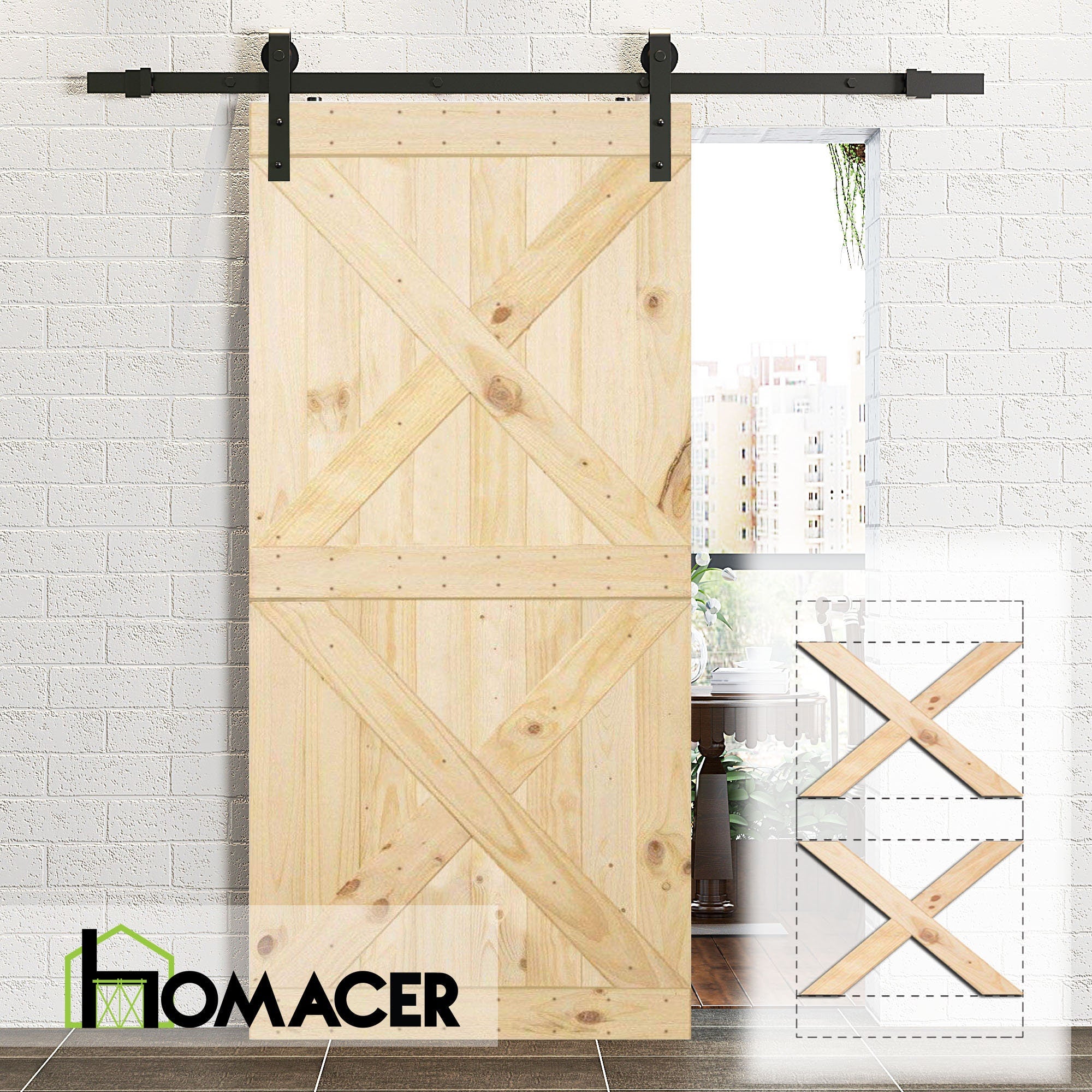 Homacer 5-in-1 Pine Wood Frameless Barn Door without Installation Hardware Kit