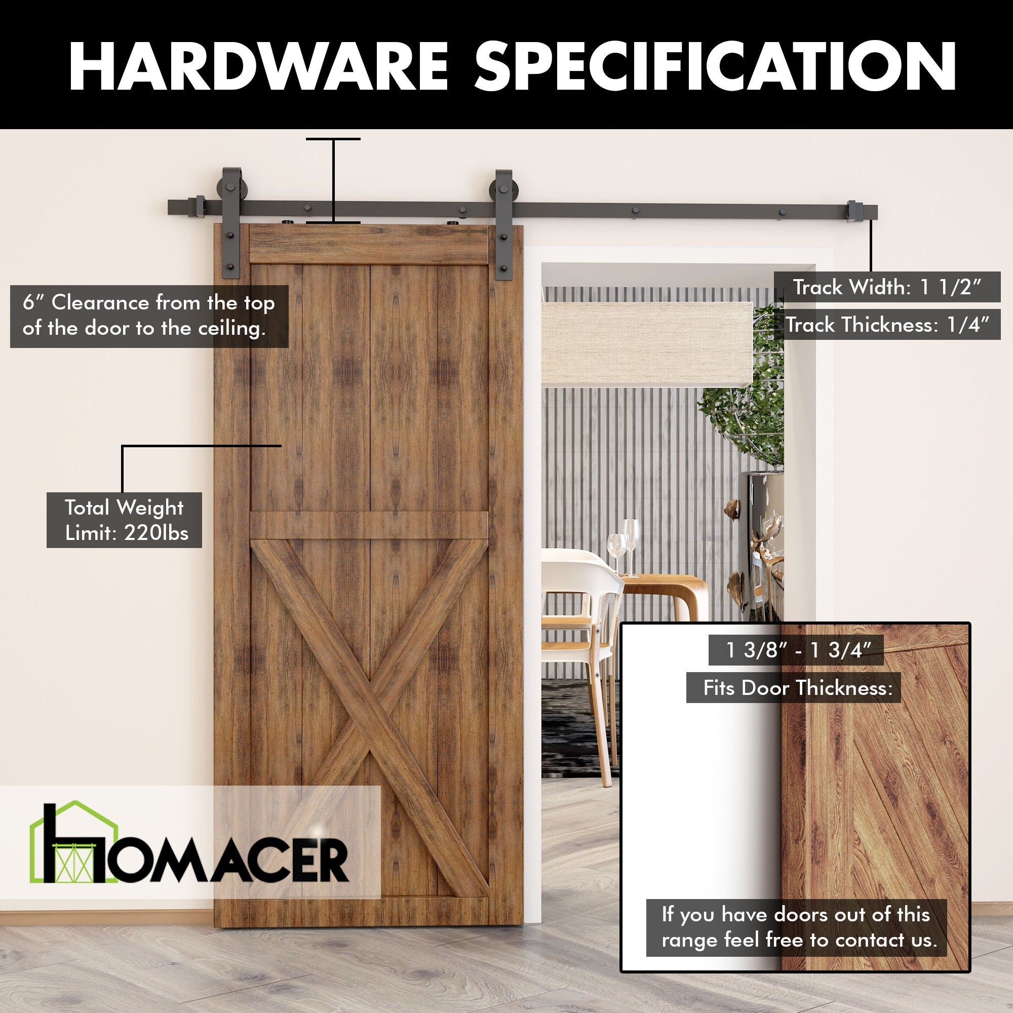 Homacer Black Rustic Non-Bypass Sliding Barn Door Hardware Kit, for One/Single Door, Classic Design Roller