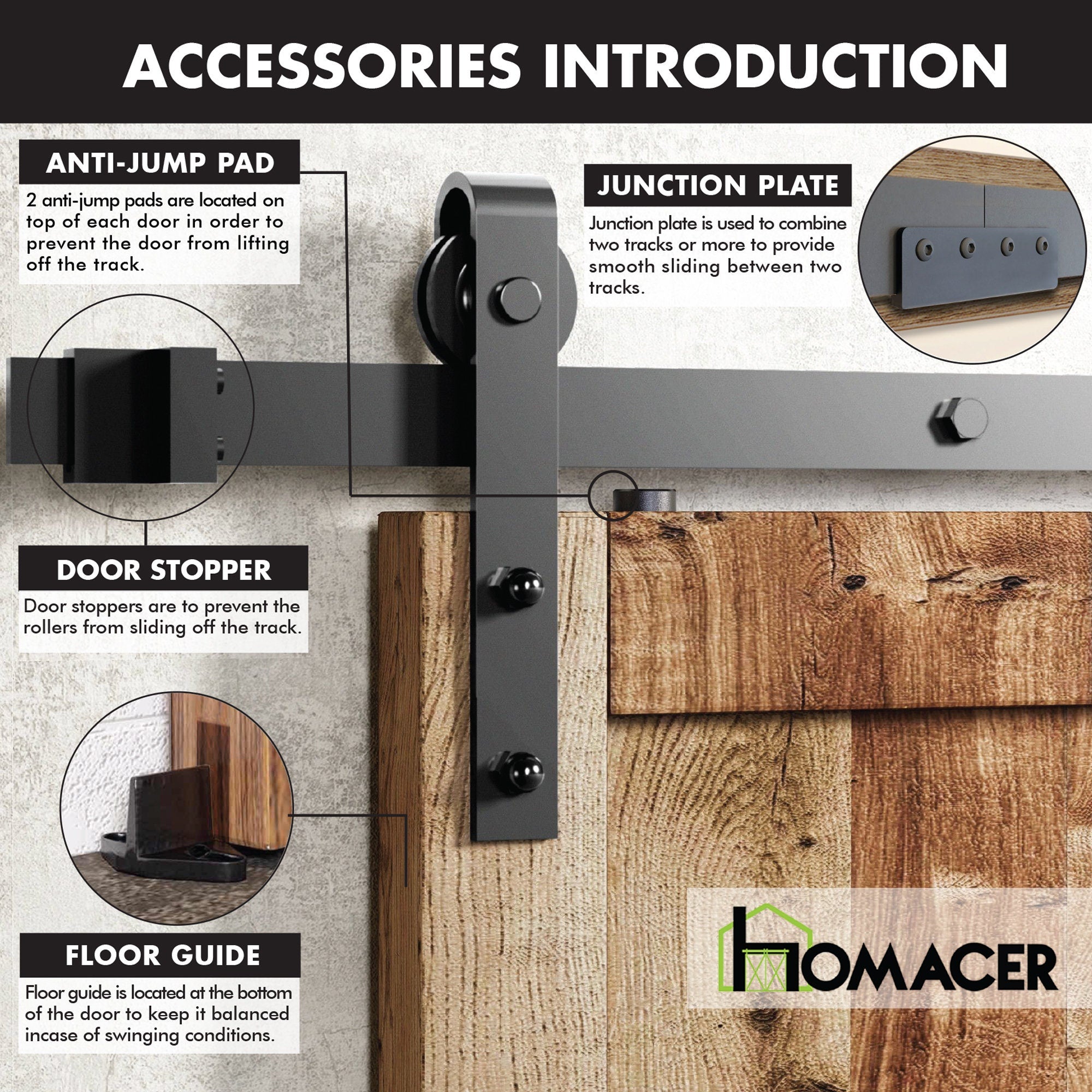 Homacer Black Rustic Non-Bypass Sliding Barn Door Hardware Kit, for One/Single Door, Classic Design Roller